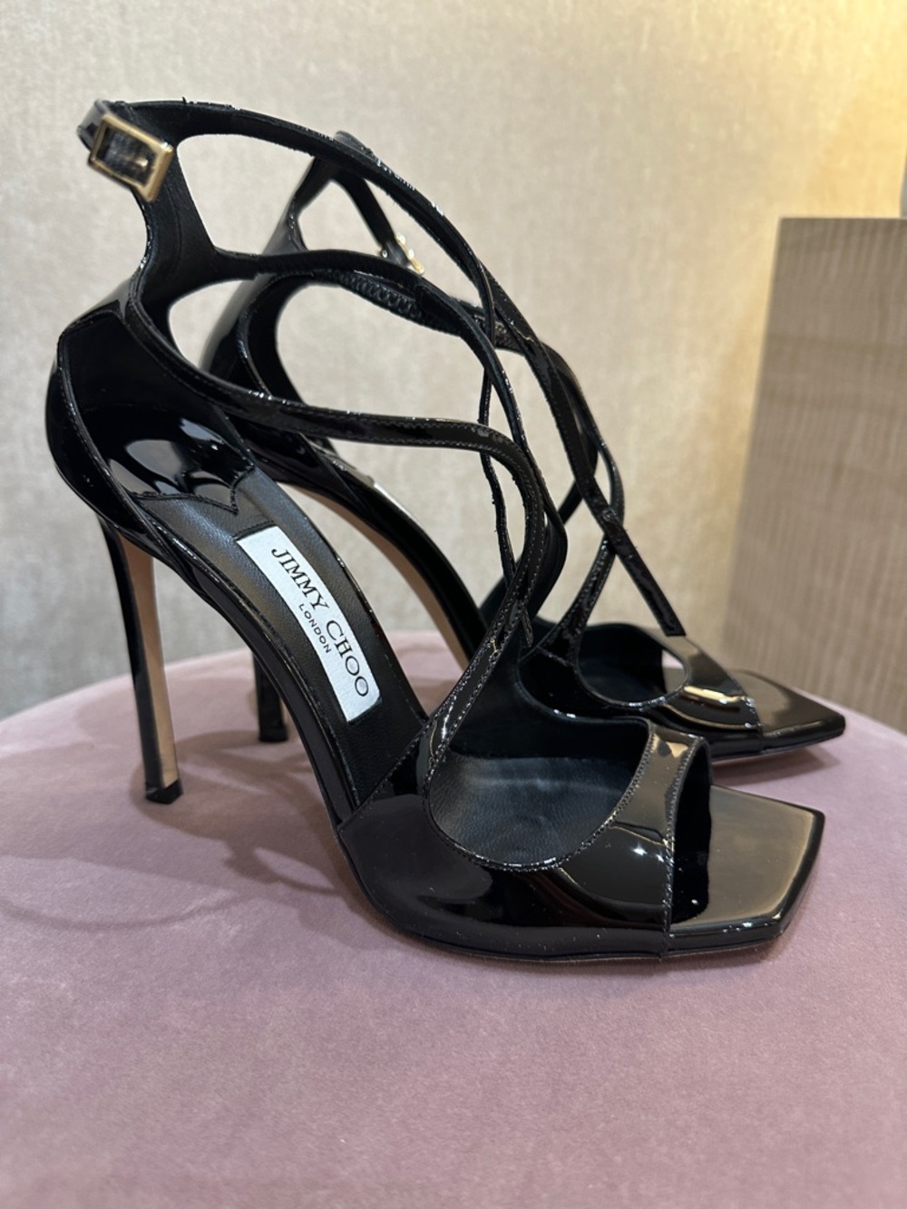 Jimmy Choo Black Patent Strappy Stiletto Sandals - Azia - 38.5